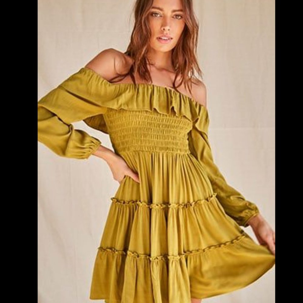 New gold ruffled off the shoulder short dress